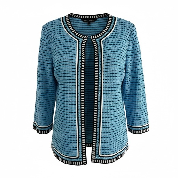 Ming Wang Jackets & Blazers - Ming Wang Blue Textured Geometric Open Front 3/4 Sleeve Cardigan Jacket